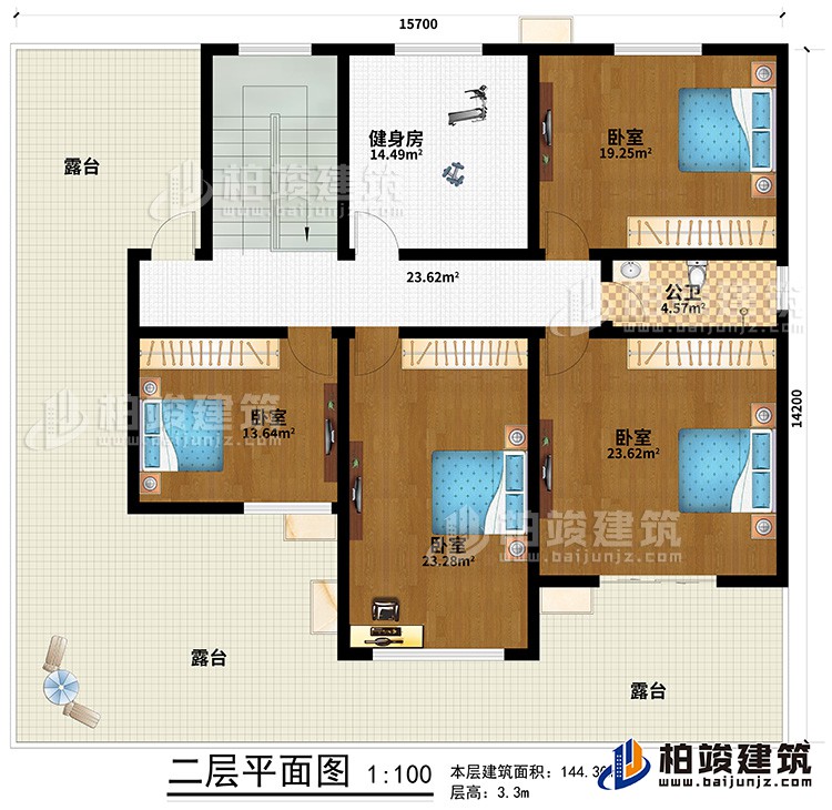 二层：4卧室，公卫，健身房，露台